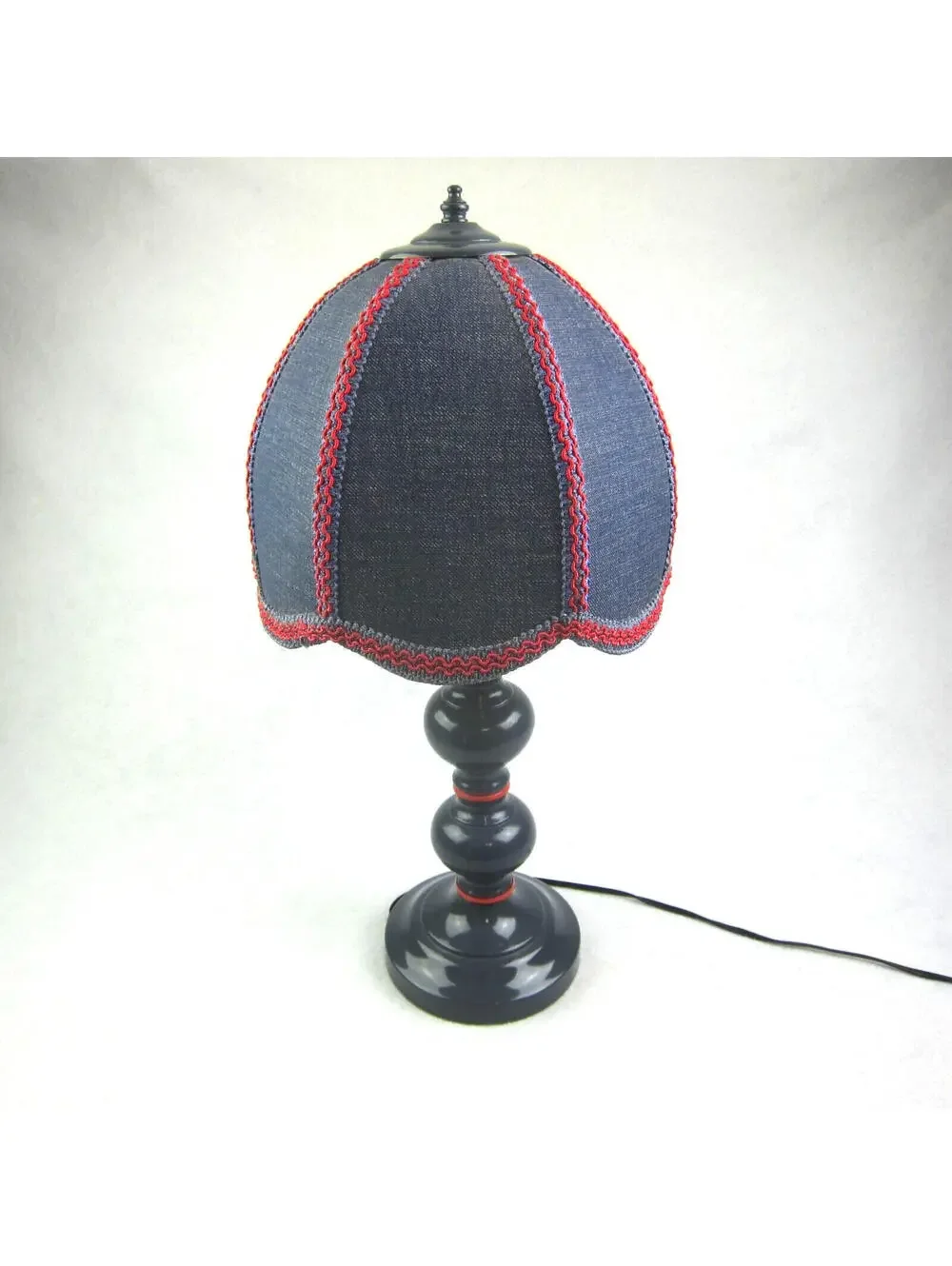 Vintage Country Table Lamp Blue & Red Denim Dome Clip On Shade Pillar WORKS